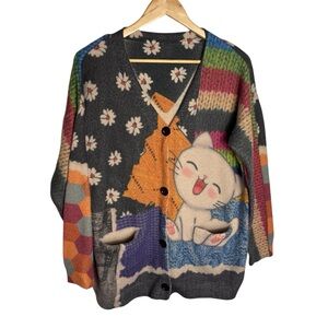 Kawaii cat wool/ cotton blend wooden button up sweater cardigan with pockets